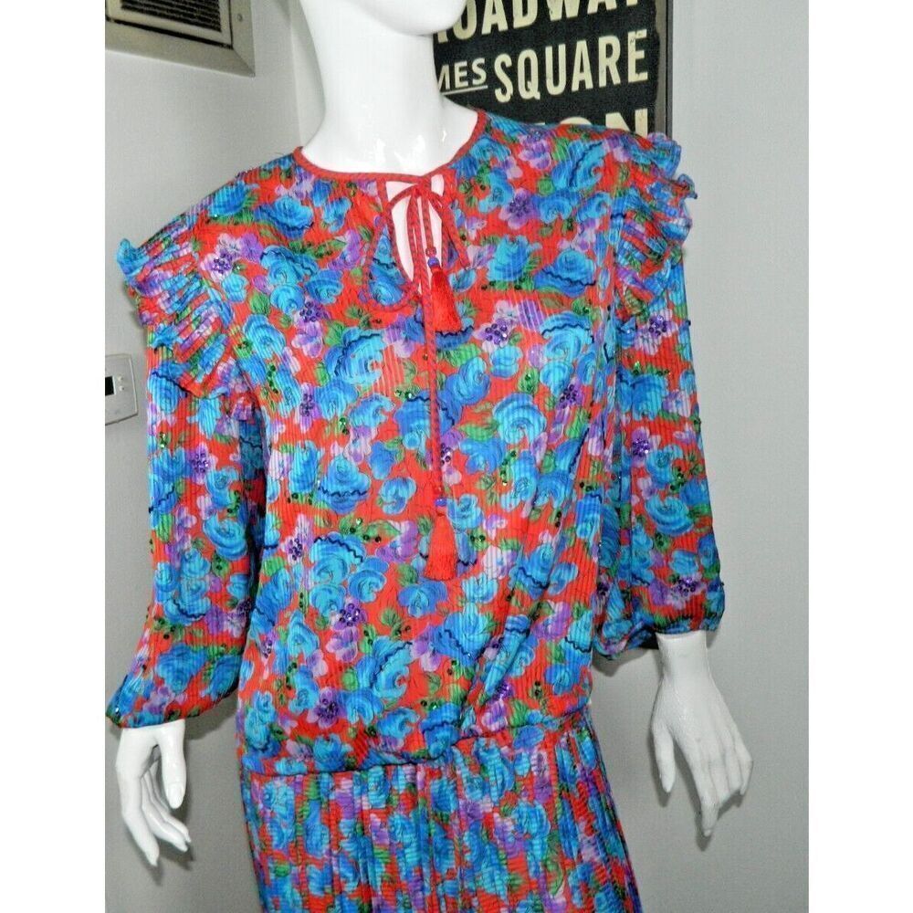 Vintage Diane Freis Skirt Set L/XL Blue  Purple Red Floral‎ Pleated Sequins 80's - Picture 4 of 13